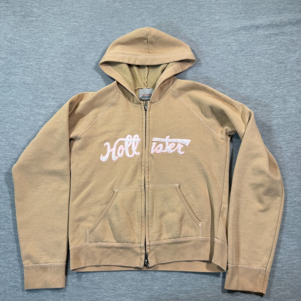 Hollister Hoodie Youth/Small Petite M Tan Full Zip‎ Script Logo Spell Out 17x23